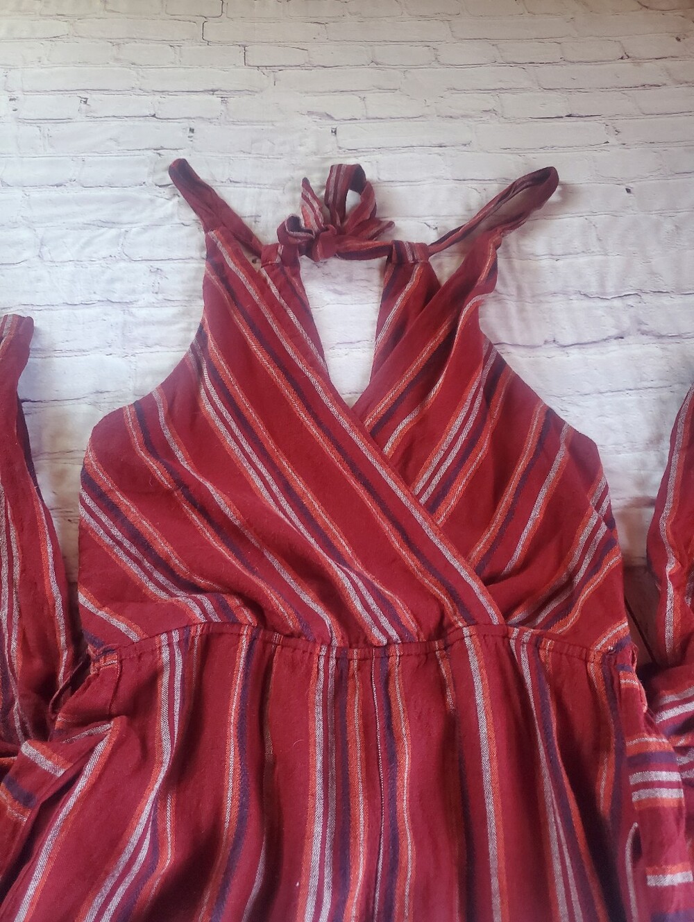 Indigo Rein Linen Blend Jumpsuit Striped Burgundy Sleeveless Wide-leg Beachy XL - Picture 2 of 11